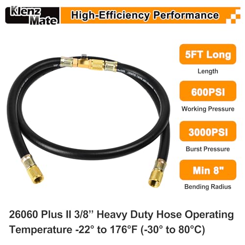 Image of 26060 Plus II 3 /8 inch HVAC Vacuum Hose with Straight Fittings and Valve, 5FT | Heavy Duty Charge Hose, Working Pressure: 600 Psi, Burst Pressure: 3000 Psi. For R134A, R410A, and Common Refrigerants