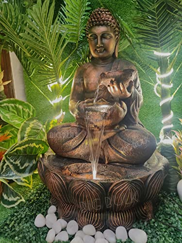 Image of Big Kamal White Buddha Fiber Indoor Outdoor Fountain with Led Lights for Home Decor and Office Decoration Or Gifting (53 x 42 x 84) (Lotus Copper New)