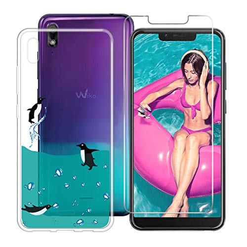 HHUAN Coque Wiko View 2 Go (5.93') Transparente TPU + (Verre trempé en Film Protecteur) Pingouin et l'eau de mer Cover Case Souple de Protection Housse Etui Silicone [Anti Choc] Bumper Coque