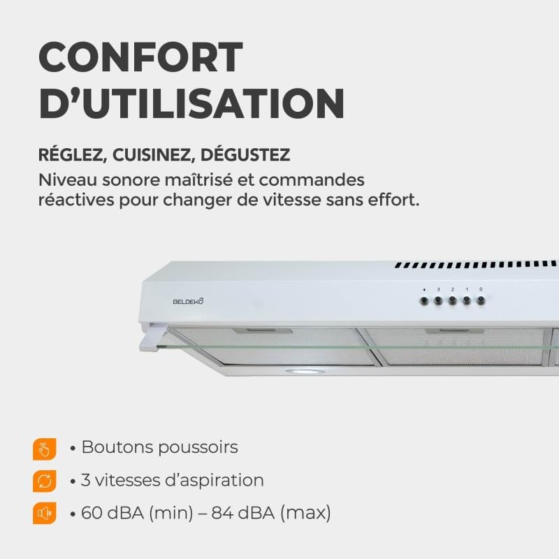 BELDEKO Hotte Casquette 90 cm Blanc 438 m3/h 200W - Marque Française