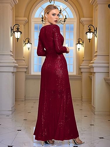 Image of Long Sleeve Sequin Dress For Women Formal Gowns Sparkly V Neck Maxi Dress