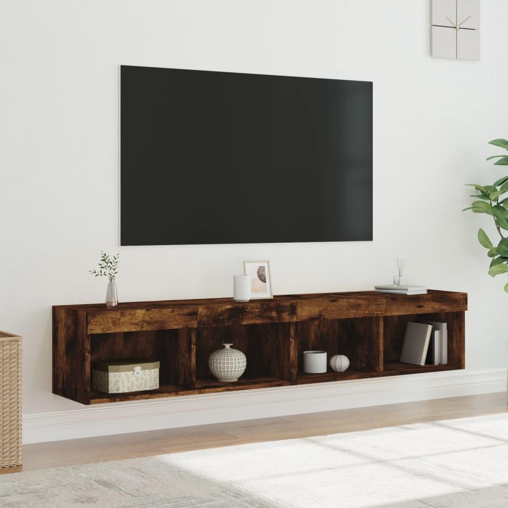 Juego de 2 armarios de TV con luces LED, roble ahumado, 80 x 30 x 30 cm, montaje en pared, centro de entretenimiento para salón