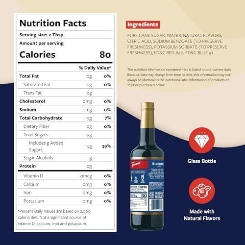 Image of Torani Blueberry Syrup for Drinks, Flavoring for Iced Tea, Lemonade, Sodas, and Cocktails, Glass Bottle with Pump Included, 25.4 Fl Oz