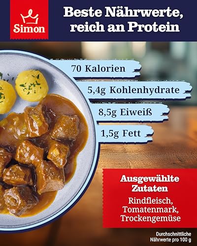 SIMON Delikatess Rindergulasch 800 g I Zartes Fleisch in herzhafter Sauce I Fertiggericht in recyclebarer Konserve I Authentische Hausmannskost
