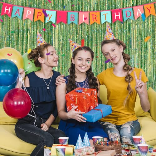 Image of 2 Pack Laser Green Foil Fringe Curtains Streamers Party Decorations 3.3 x 8.2 ft, Tinsel Curtain Fringe Backdrop for Parties, Door Fringe Birthday Streamers, Photo Booth Backdrops, Party Decor