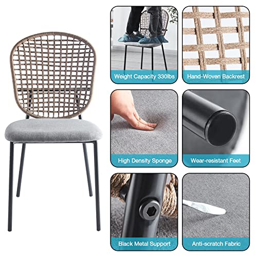 Atsnow Grey French Country Dining Chairs With Woven Backrest, Metal Legs Upholstered Accent Side Chairs For Living Room Kitchen Set Of 4 #TOP3