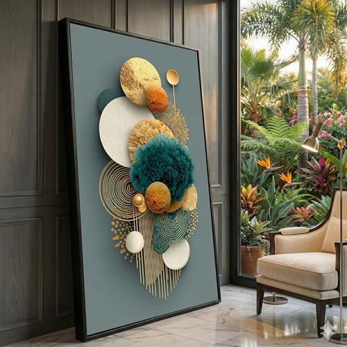 Toile abstraite florale dorée 55x100 cm avec cadre intérieur pour salon