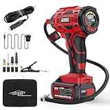 AUTDER Cordless Tyre Inflator Air Compressor, Featuring a 21V Rechargeable Battery and 12V DC, Delivers up to 180PSI Max Pressure. Perfect for Cars, Motorcycles, Bicycles, and Balls, Red Black