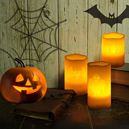 Image of CANDLE CHOICE Orange Halloween Flameless Candles with Remote Timer Real Wax Realistic Flickering Battery Operated Electric LED Pillars Pumpkin Bat Ghost Patterns for Halloween Party Decorations 3 Pack