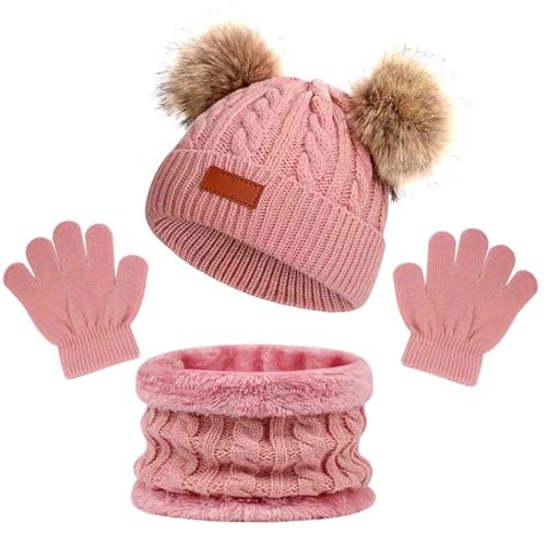 AWAVM 3Pcs Kids Winter Warm Beanie Hat Scarf Gloves Set for 1-5 Years Old Boys Girls. Winter Accessories Sets for Children Outdoor Sports Knit Thick Warm Fleece Lined Thermal Sets (Pink 1)