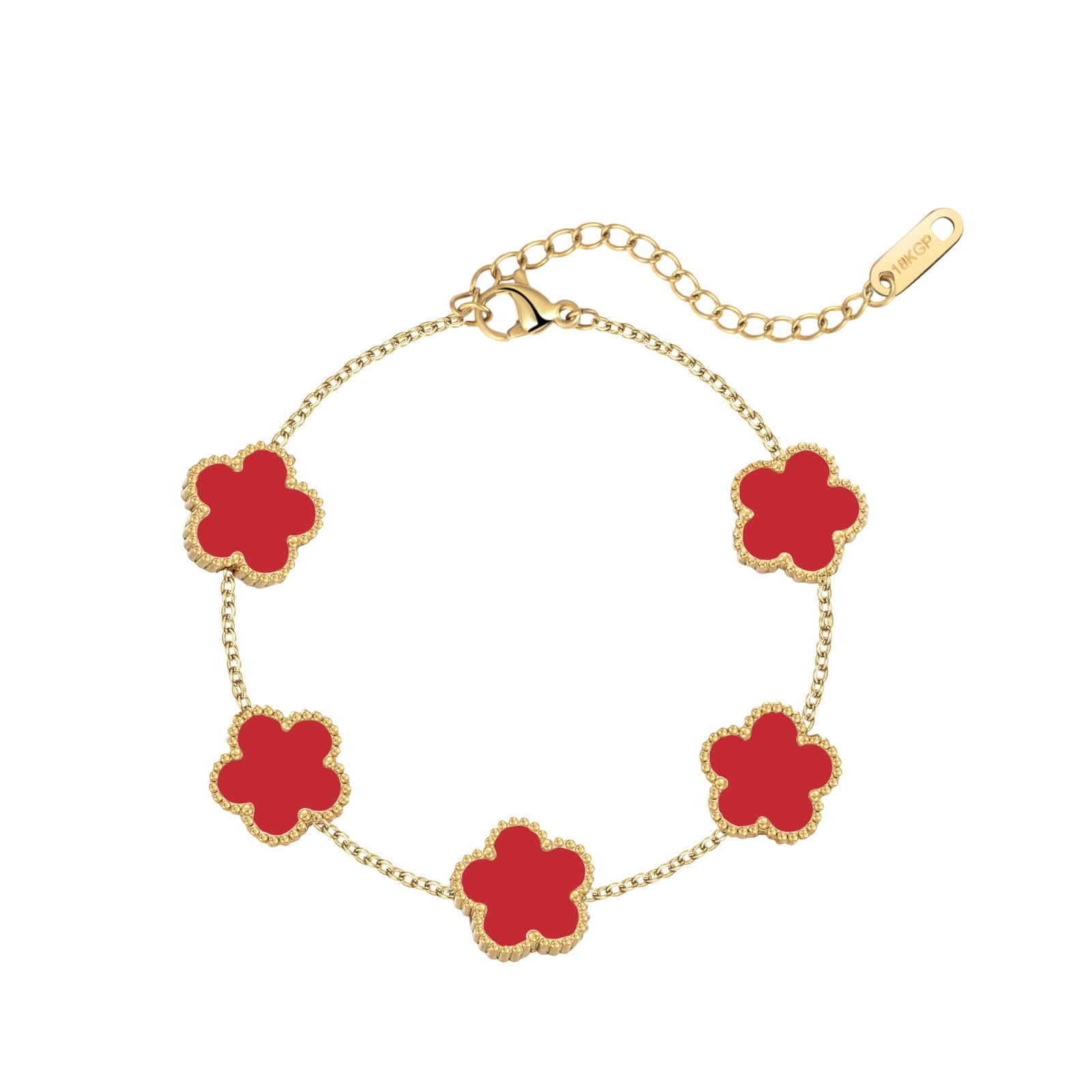 18K Gold Plated Four Leaf Clover Bracelet for Women Adjustable Lucky Clover Gold Bracelet Trendy Jewelry Gold/White/Black/Blue/Green Flower Leaf Link Bracelet Birthday Christmas Gift for Women