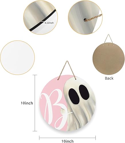 Miniatura 2 de Letrero de bienvenida para decoración de puerta delantera, Halloween, fantasma, rosa, 10 pulgadas, coronas, letrero colgante, decoración navideña