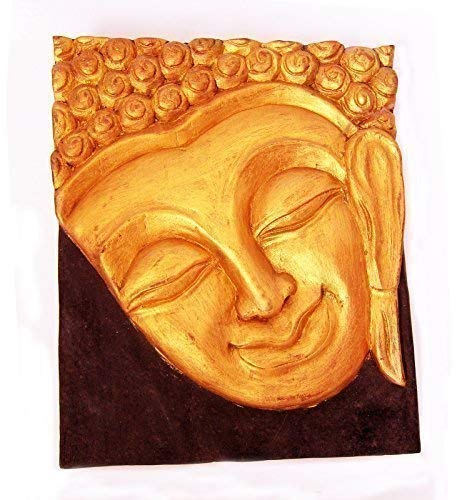  Buddha Tailandese Testa di Legno Color Oro in Rilievo Placca a Muro/Decorazione da Parete