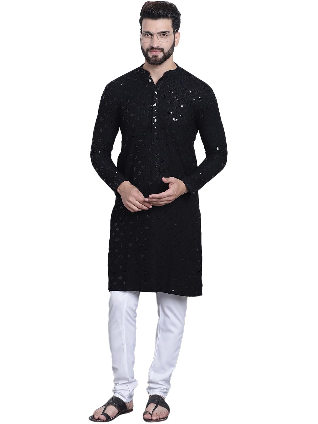 sojanya (Since 1958 Men's Geometric Embroidered Sequence Cotton Blend Kurta and White Pyjama Set-picture-51