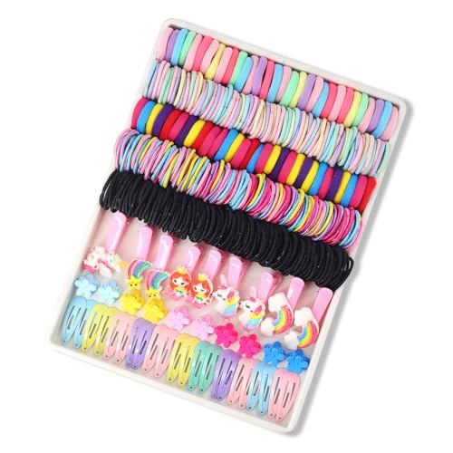 INSKIDS 440-teiliges Haar-Zubehör-Set für Mädchen, Bonbonfarben, Nylon-Haargummis, elastische Pferdeschwanz-Halter, Gummiband für Babys und Kinder, Cartoon-Haarspange für dickes und dünnes Haar