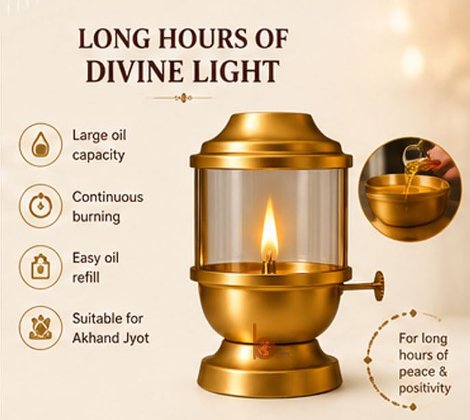 Image of Akhand Jyot Diya with Adjustable Wick Screw Lever Long Burning Oil Lamp for Puja Room, Temple, Home Mandir Deepam for Diwali, Navratri, Pooja (Oil Capacity 250ml)Stay Burns Appx. 48 Hours. Large Size