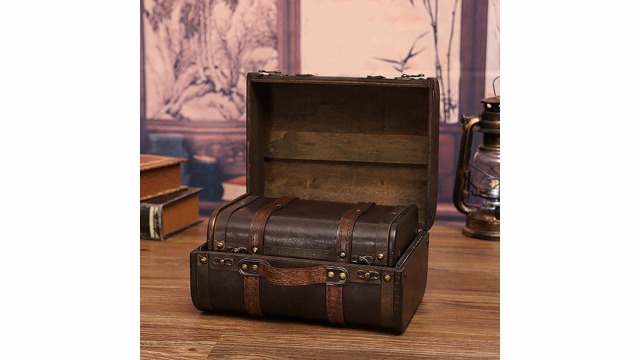 Decorative Suitcase, Vintage Style Wood Leather Antique Large