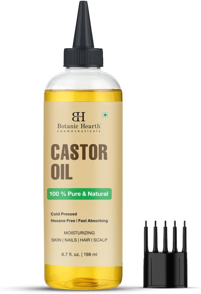 Botanic Hearth Huile de ricin pure et naturelle, pressée à froid, sans hexane, absorption rapide – Huile hydratante pour cheveux, cuir chevelu, peau, ongles – 198 ml