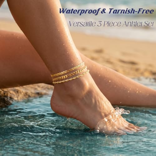 Image of DEARMAY Gold Anklets for Women Waterproof, Non Tarnish14K Gold Plated Ankle Bracelets Set Stack, Summer Beach Jewelry Gifts for Vacation, Bikini Outfits for Women Mom Her