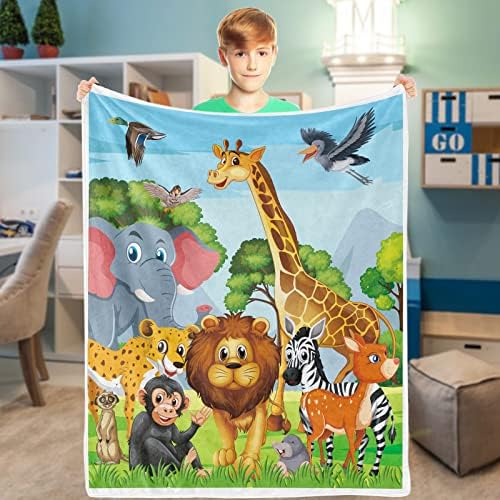 Jungle Animal Throw Blanket, Cozy Flannel Animal Blanket for Kids, Soft Jungle Fleece Blanket with Giraffe Elephant Lion Print, Fuzzy Safari Zoo Blanket for Baby Newborn Girl Boy Crib Gift, 30x40 Inch