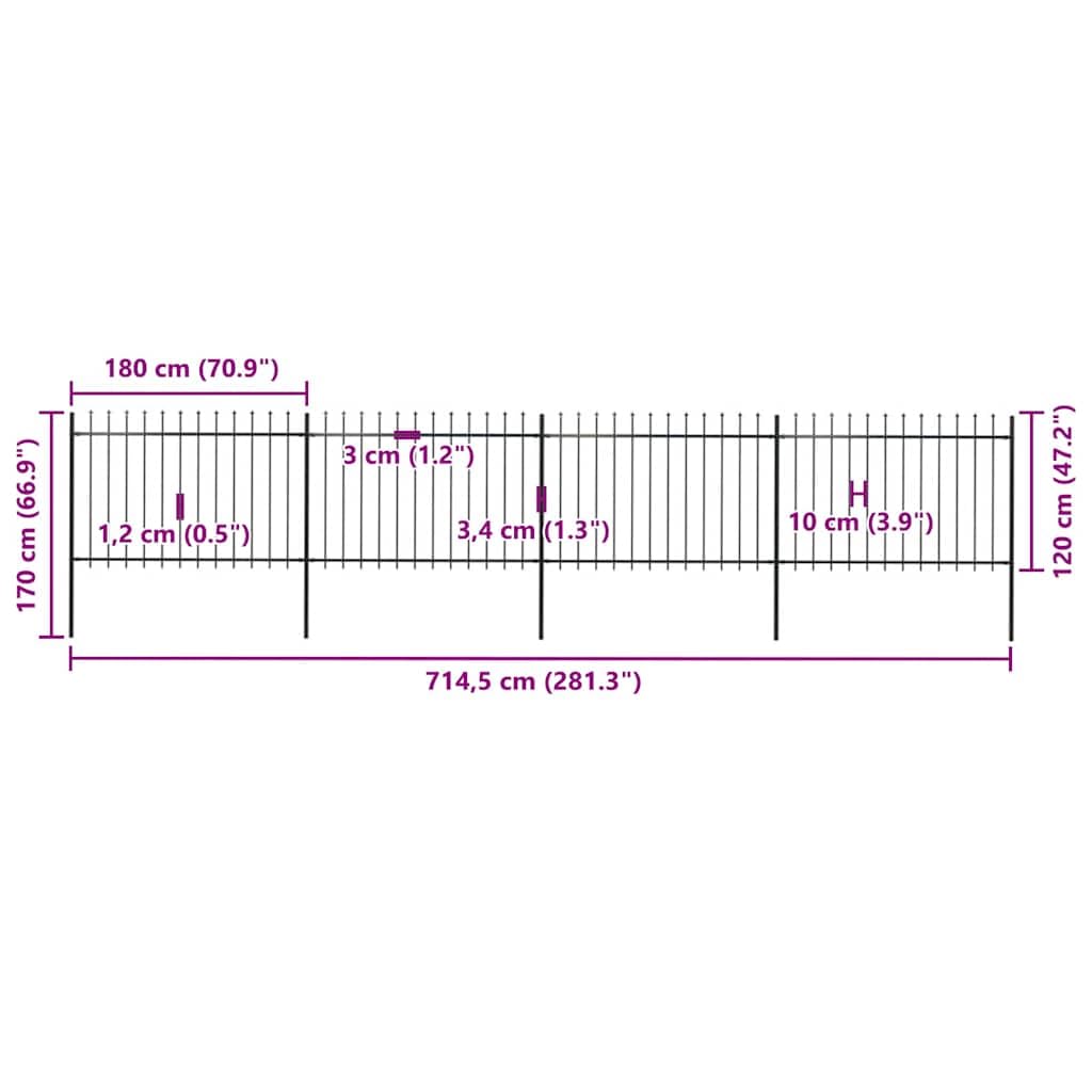 Gartenzaun aus pulverbeschichtetem Stahl, 680 cm lang, 4 Zaunelemente mit Pfosten, dekorativ mit Speerspitzen, stabiles Rechteck-Design für Sicherheit und Sichtschutz im Garten und Vorgarten