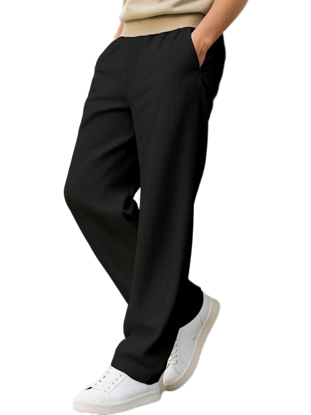 Men's Black Straight Fit Trousers with Pockets, Size 34, Lycra Corduroy Fabric |STYL 220-image-19