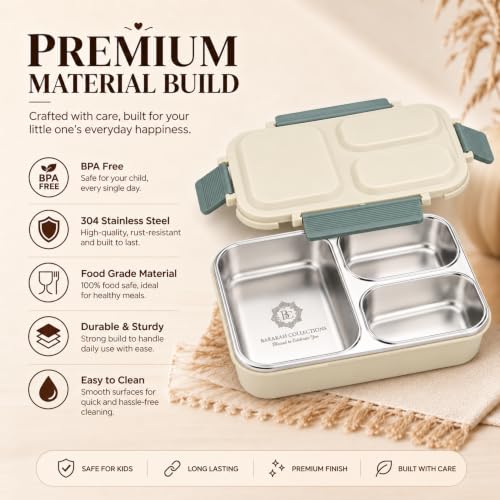 Image of Stainless Steel Lunch Box for Kids, 304 Grade Steel 3 Compartment Leakproof Tiffin Box for Boys & Girls, School Lunch Box, Travel Food Container & Snack Box, Green