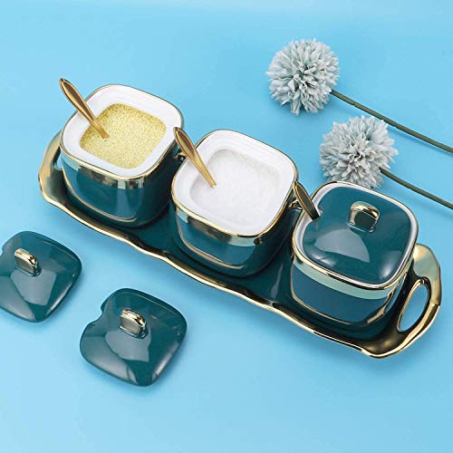 Ceramics Seasoning pot Set of 3 with Lids, stainless steel Serving Spoon, Ceramics Tray,Kitchen tools Ceramics Condiment Jar Spice Container Used for salt, sugar, pepper storage,Vintage Green Set of 3 Ceramics Seasoning pot Set of 3 with Lids, stainless steel Serving Spoon, Ceramics Tray,Kitchen tools Ceramics Condiment Jar Spice Container Used for salt, sugar, pepper storage,Vintage Green Set of 3