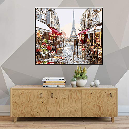 Ajcoflt Kit de Pintura DIY por Números Paris Street Landscape Canvas com 3 pincéis Tintas acrílicas