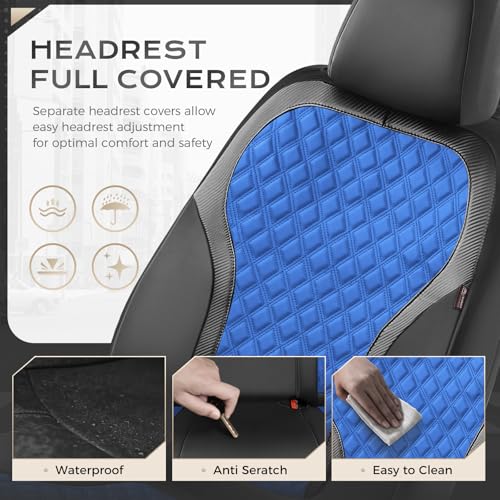 Image of Coverado Seat Covers Full Set, Luxury Diamond Leather Car Seat Cover with Carbon Fiber Textured Design, Waterproof Car Seat Protector, Black&Blue Front and Rear Seat Covers Universal Fit Most Cars