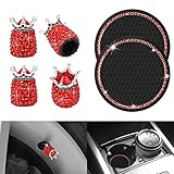 4 Pack Valve Stem Caps with 2 Pack Car Cup Holder Coaster, Universal Bling Car Wheel Tire Valve Stem Cover Crystal Rhinestone Tire Cap Crown for Cars Trucks Bikes Motorcycles Bicycles Gift - Red
