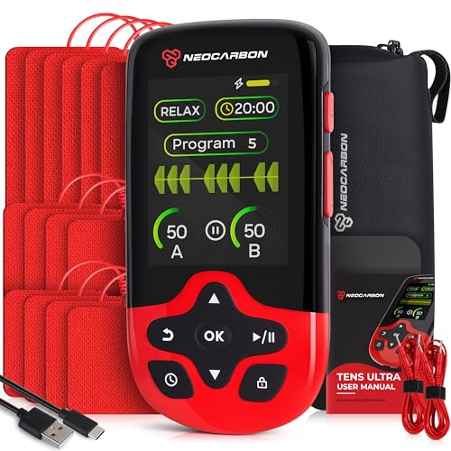 NEOCARBON TENS Unit Muscle Stimulator Ultra for Pain Relief & Recovery TENS Machine with PMS Steady Mode Dual Channel Stim Machine for Muscle Therapy Red