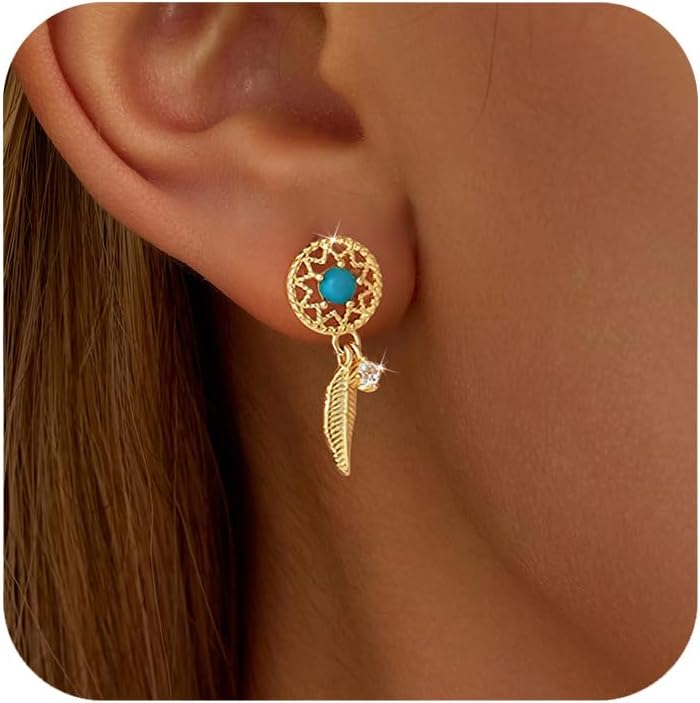SUYACS 925 Sterling Silver Blue Turquoise Dream Catcher Feather Drop Dangle Earrings for Women 14k Gold Bohemian Western CZ Stud Earring Native American Indian Danling Earring Jewelry Gifts