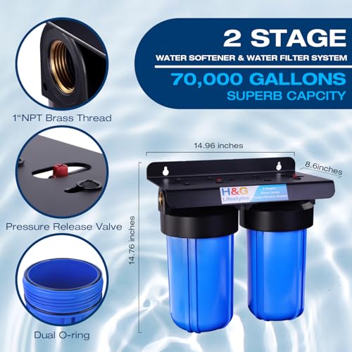 Image of H&G Lifestyles Whole House Water Softener and Filtration System 10 inch x 4.5 inch | 2 Stage Water Softener & Filter, Calcium Inhibitor Filter, Anti-Scale Cation Ion Exchange, Remove Rust Chlorine Heavy Metal