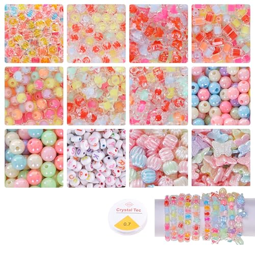 Image of ambitieux DIY Bracelet Making Kit for Girls - 500+ Glossy Beads in Mix Shapes with Candy, Pastel, Alphabet, and Butterfly Beads + Elastic Thread - Jewellery Craft Kit for Kids Age 6-12