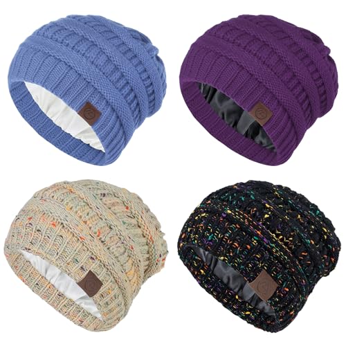 Zando 4 Packs Satin Lined Beanie for Women Men Teen