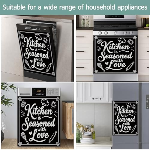 Image of Black Kitchen Utensils Dishwasher Covers for The Front Magnetic,Kitchen is Seasoned with Love Refrigerator Magnets Decoration,Reusable Dishwasher Cover Panel for Home Kitchen Decor 23x26 Inch