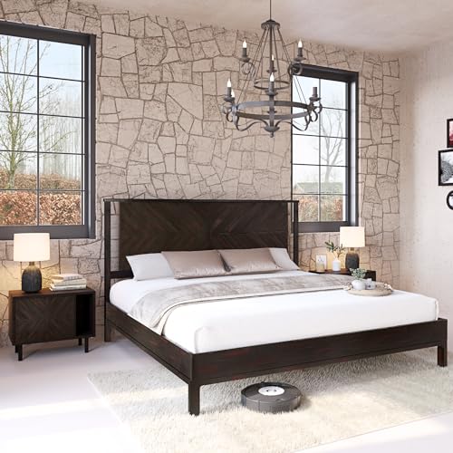 Image of Bme Vivian 14 Inch Deluxe Bed Frame with Headboard, Rustic & Scandinavian Style with Solid Acacia Wood, No Box Spring Needed, 12 Strong Wood Slat Support, Easy Assembly, King, Rustic Black
