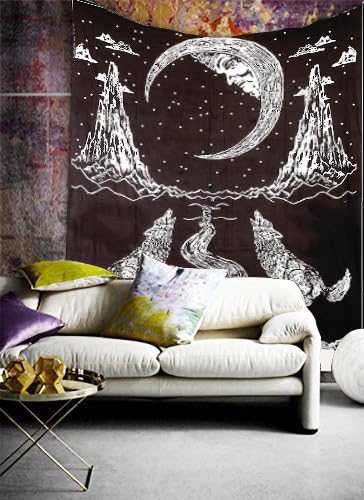 AVA Collections 220x140 CM Wall Hanging Tapestry Crying Wolf and Moon Cotton Boho Trippy Twin Tapestries Bedroom Living Room Wall Art Hippie Bohemian Tapestry 85x54 inches (Crying Wolf Moon- White)