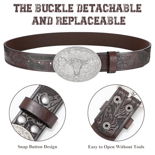 Western Cowboy Belt for Men Women Cowgirl Leather Belt for Jeans Bull Buckle Belt Floral-Engraved Mexican Belts2
