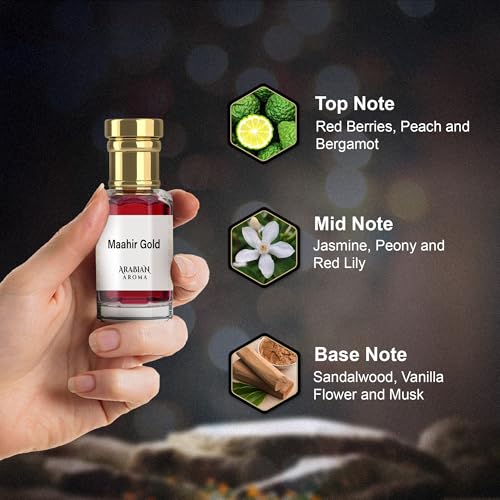 Image of Arabian Aroma Maahir Gold Attar | Fruity Floral Attar Perfume for Men & Women | Unisex Long-Lasting Sandalwood & Chocolate Musk | Alcohol Free, 100% Pure Perfume (6ml)