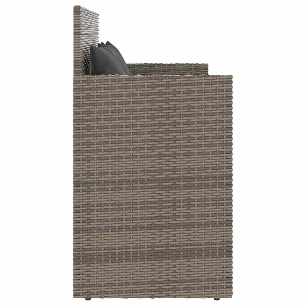 Panca da giardino con cuscino, in polyrattan grigio, panca con vano portaoggetti e borsa impermeabile, seduta imbottita con rivestimento rimovibile, coperchio sicuro con molla a gas per