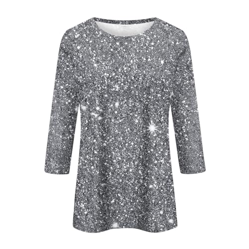 Generic Damen Pailletten Oberteil Silber - Glitzer Pullover Langarm - Festlich - Lässig-Festiv - Satin, Linen - M - Waffelkragen - Rundhals-Ausschnitt - 3/4 Ärmel - Grau - Maschinenwäsche - 1 Count