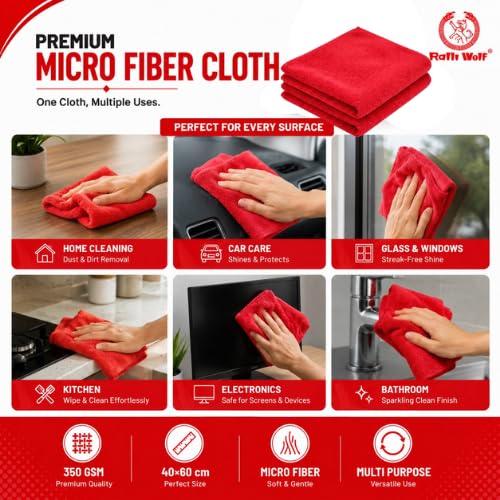 Image of Ralli Wolf RMC 4060 Pack of 2 Microfiber Cleaning Cloth 40x60 cm, 350 GSM Highly Absorbent Multi Purpose Microfiber Towel for Car Cleaning, Home, Kitchen and Industrial Surface Wiping
