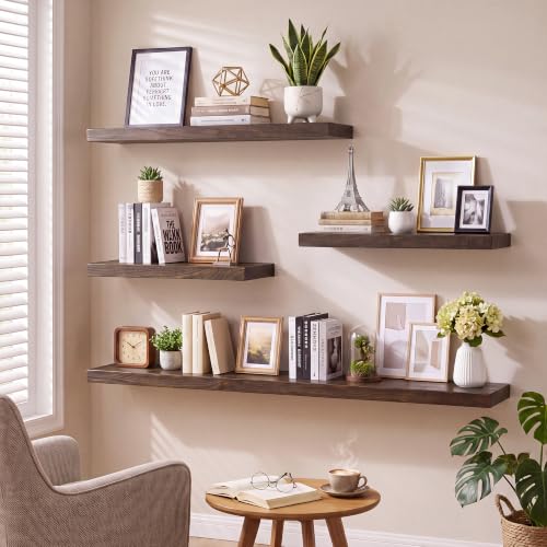 Image of RICHFOCUS Elm Floating Shelves for Wall - 40 inch W x 9.3 inch D Rustic Solid Wood Shelves with Invisible Bracket, Wall-Mounted for Living Room, Bedroom, Kitchen Storage & Display, Set of 1, Walnut