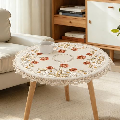 URROMA Napperon rond en dentelle avec impression creuse - Motif floral rouge - Dessus de table brodé - Pour commodes, tables d'appoint, 85 x 85 cm