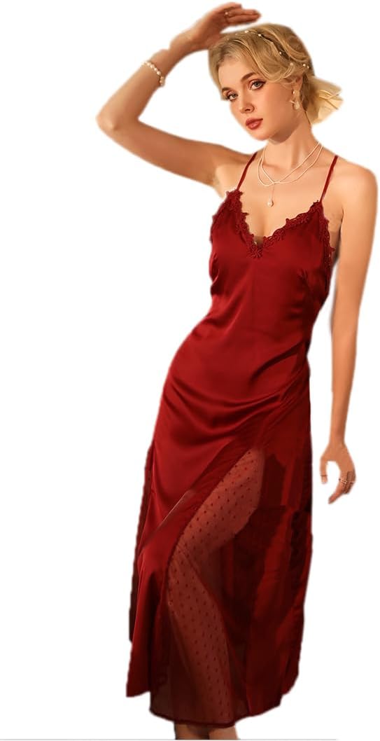 Women Long Lace Satin Nightgown Mesh Dot Hem Dress Sexy V Neck Chemise Lingerie Sleepwear Spaghetti Strap Nightshirt