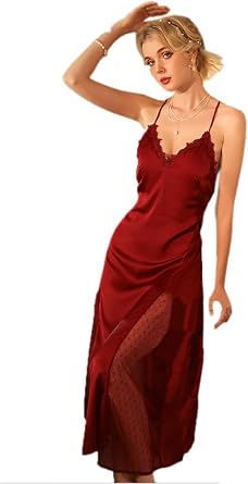 Women Long Lace Satin Nightgown Mesh Dot Hem Dress Sexy V Neck Chemise Lingerie Sleepwear Spaghetti Strap Nightshirt
