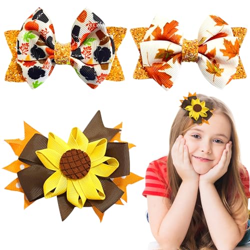 3Pcs Thanksgiving Glitter Hair Bows for Girls Turkey Headband Turban Baby Girls Cartoon Hair Bow Accessory