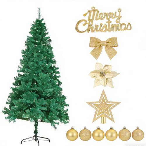 USOR Christmas Tree 1.5m- Decorations Holiday Party Gift Home Garden Store Decor Metal Stand Golden Balls Tulle Holiday Green Trees with 1200 Realistic Branch Tips Christmas Tree Indoor Outdoor 5 FT